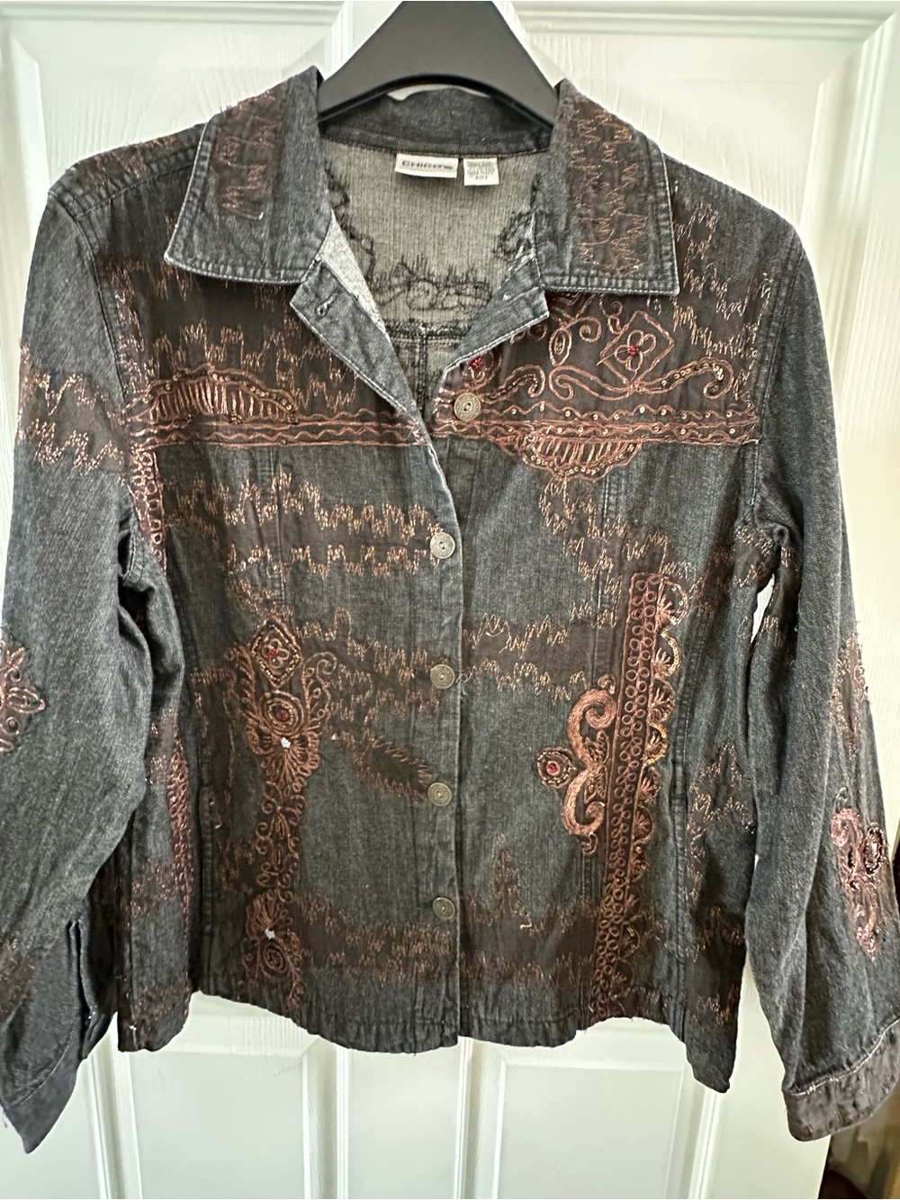 Vintage Inspired Chico's Copper Embroidered Denim Jacket  Y2K Boho Sz:2 =Large